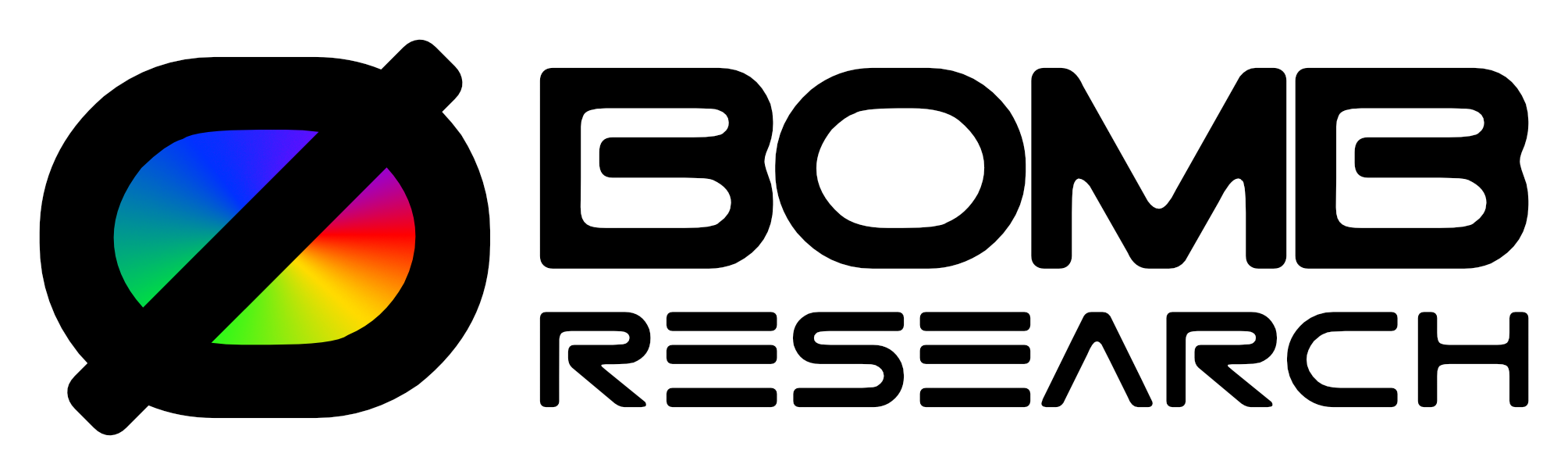 Styled lettering with the words "Bomb Research" to the right of a three-color atomic icon. The official logo for the Bomb Research YouTube channel.